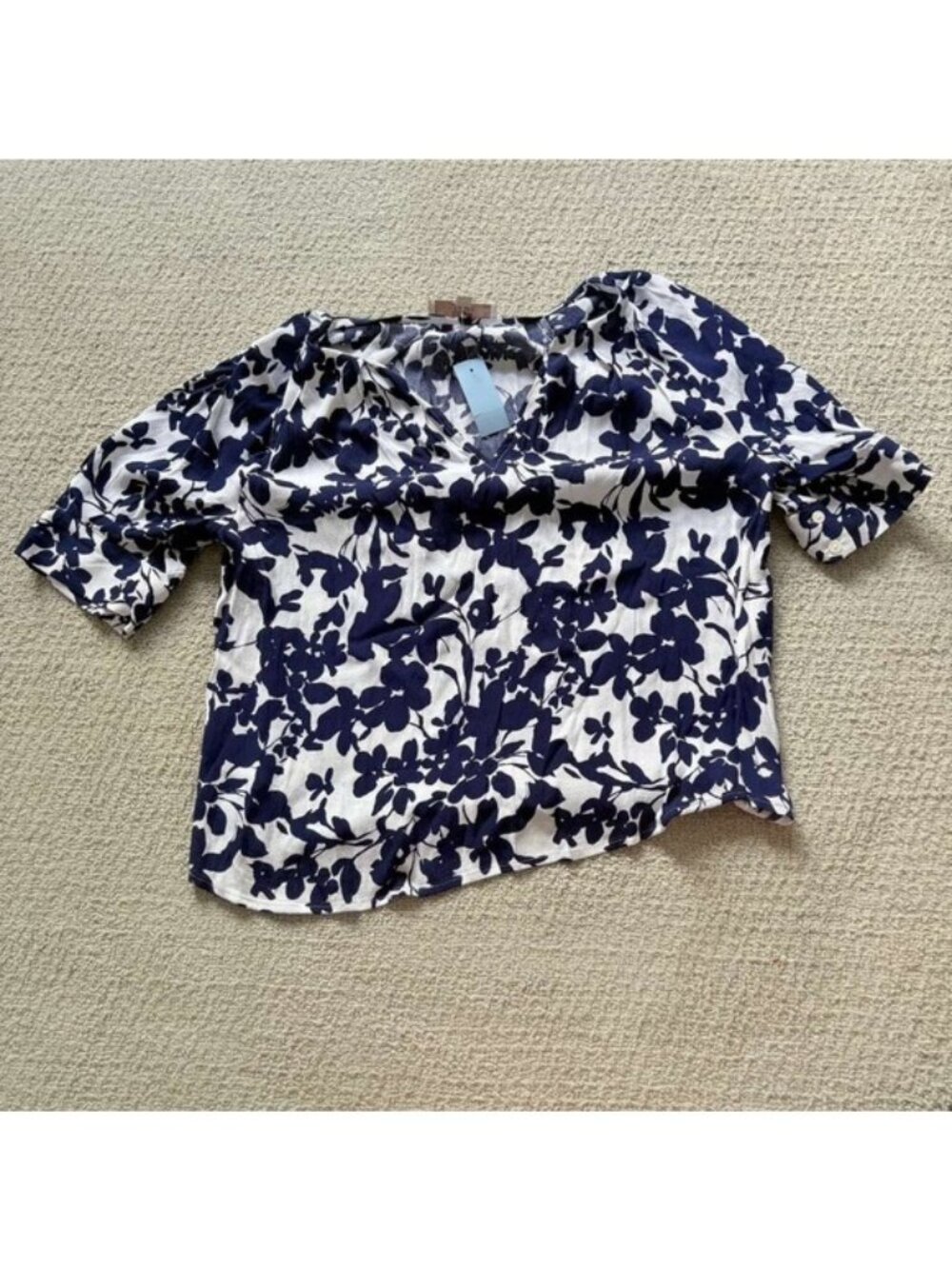 Loft Womens Top Blue Rayon V Neck Floral Blouse Size Medium